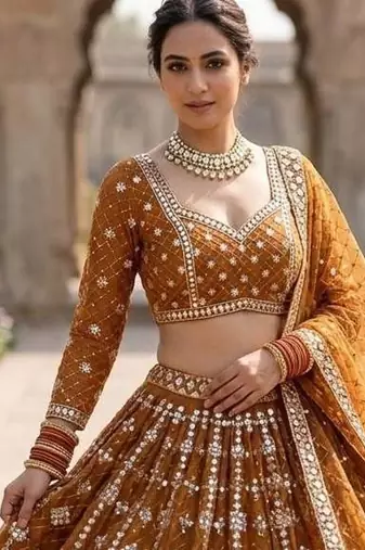 MUSTARD Faux Georgette Real Mirror Work Lehenga Choli