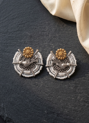 Ethnic silver & gold-tone bird statement earrings with pearl seed beads 1