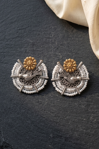 Ethnic silver & gold-tone bird statement earrings with pearl seed beads