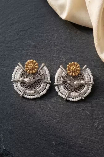Ethnic silver & gold-tone bird statement earrings with pearl seed beads