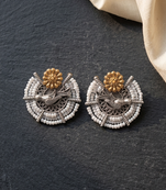 Ethnic silver & gold-tone bird statement earrings with pearl seed beads