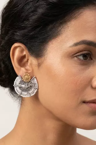 Ethnic silver & gold-tone bird statement earrings with pearl seed beads