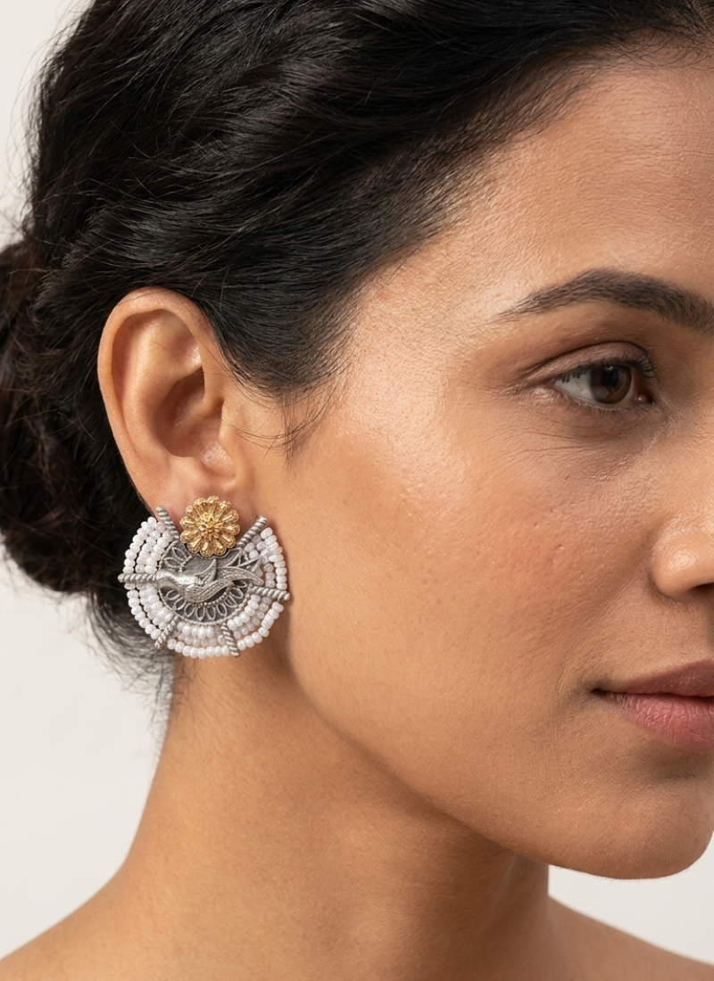 Ethnic silver & gold-tone bird statement earrings with pearl seed beads