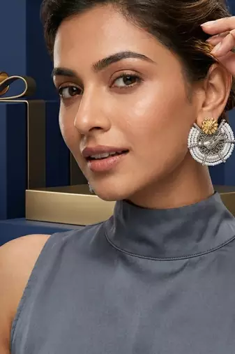 Ethnic silver & gold-tone bird statement earrings with pearl seed beads