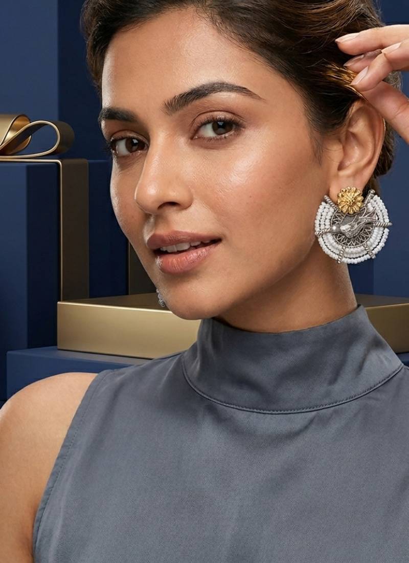 Ethnic silver & gold-tone bird statement earrings with pearl seed beads
