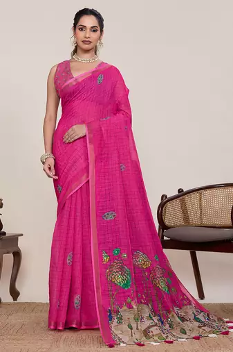 Pink print linen saree with blouse piece