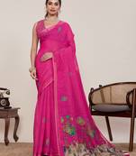 Pink print linen saree with blouse piece