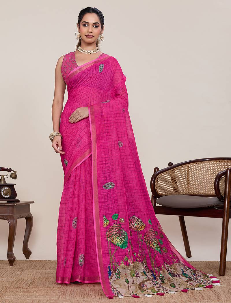 Pink print linen saree with blouse piece