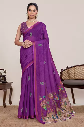 Purple print linen saree with blouse piece