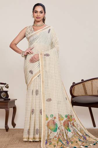 Cream print linen saree festive & ethnic wear women with blouse piece