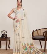 Cream print linen saree festive & ethnic wear women with blouse piece