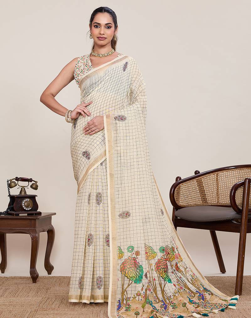 Cream print linen saree festive & ethnic wear women with blouse piece