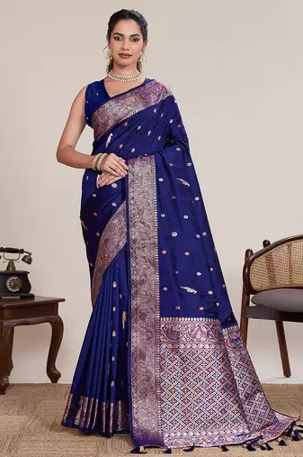 navy blue jacquard saree with traditional woven border with blouse piece