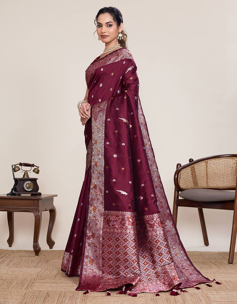 maroon jacquard saree with traditional woven border with blouse piece