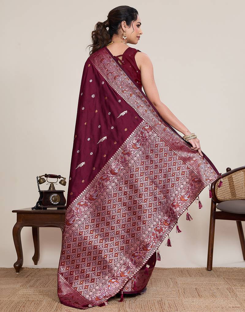 maroon jacquard saree with traditional woven border with blouse piece