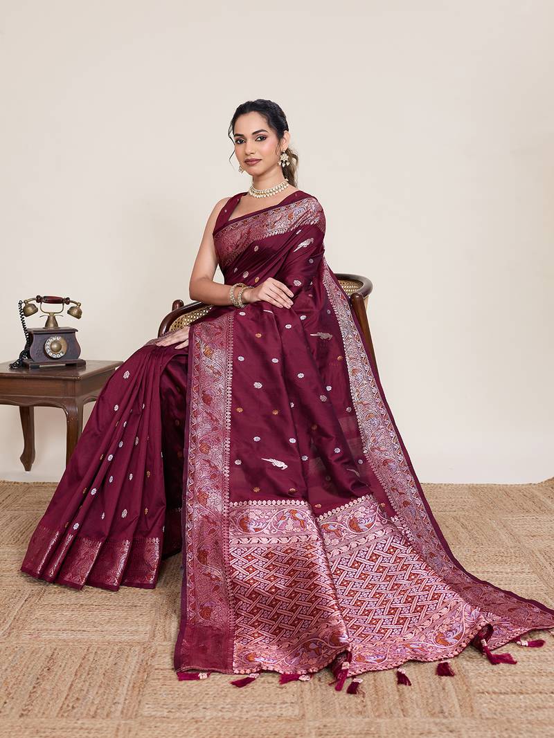 maroon jacquard saree with traditional woven border with blouse piece
