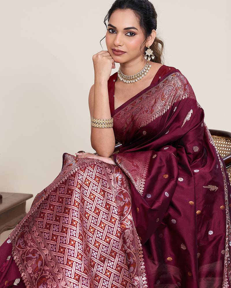 maroon jacquard saree with traditional woven border with blouse piece