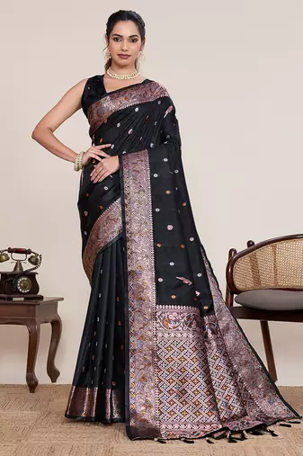  black jacquard saree with traditional woven border with blouse piece