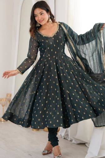 Dark green silk blend plain kurta sets