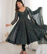 Dark green silk blend plain kurta sets