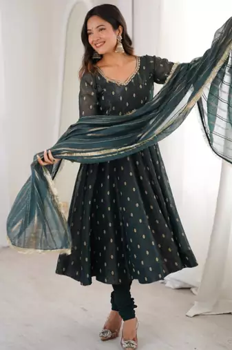 Dark green silk blend plain kurta sets