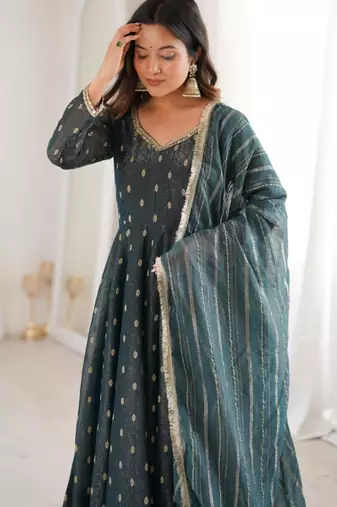 Dark green silk blend plain kurta sets