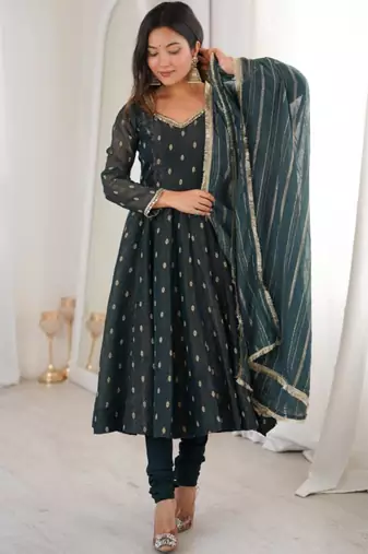 Dark green silk blend plain kurta sets