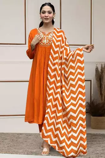 Orange chanderi silk embroidered kurta sets