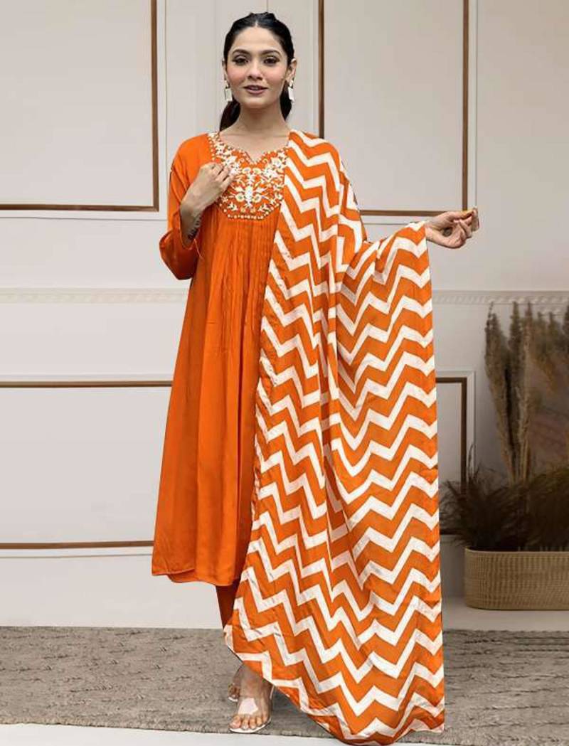 Orange chanderi silk embroidered kurta sets