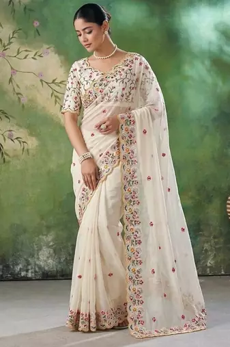 Designer Party Wear Floral Embroidery Saree