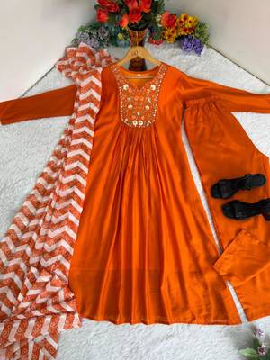 Orange chanderi silk embroidered kurta sets 2