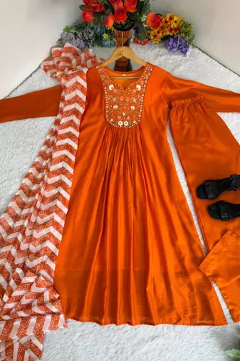 Orange chanderi silk embroidered kurta sets