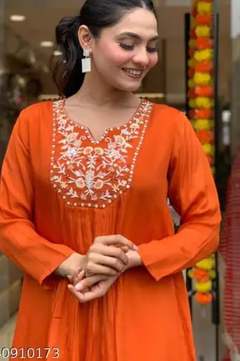Orange chanderi silk embroidered kurta sets