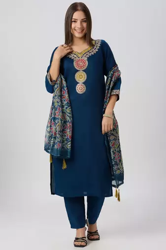 Teal blue silk blend embroidered kurta sets