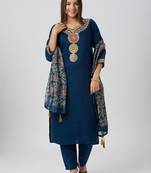 Teal blue silk blend embroidered kurta sets