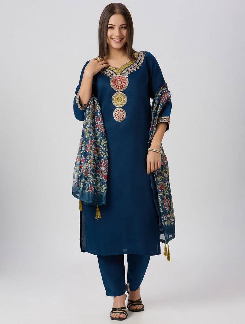 Teal blue silk blend embroidered kurta sets