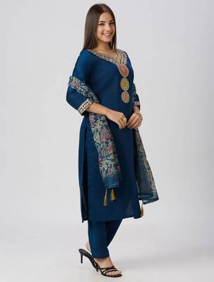 Teal blue silk blend embroidered kurta sets 2
