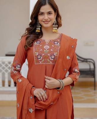 Rust silk blend embroidered kurta sets 1