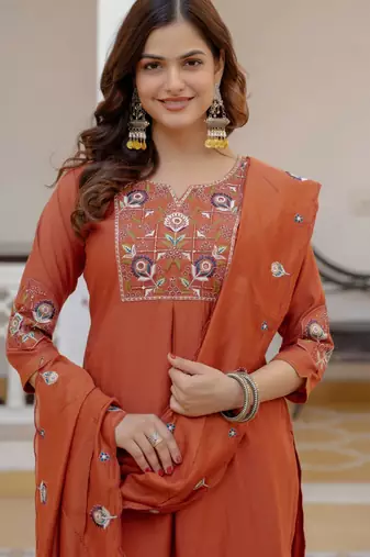 Rust silk blend embroidered kurta sets