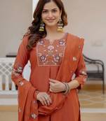 Rust silk blend embroidered kurta sets