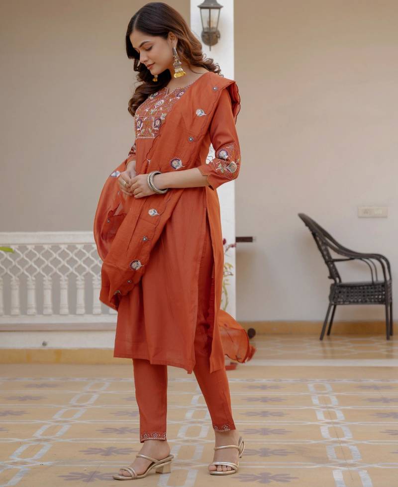 Rust silk blend embroidered kurta sets