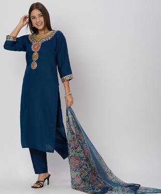 Teal blue silk blend embroidered kurta sets 4