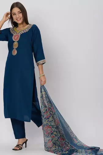Teal blue silk blend embroidered kurta sets