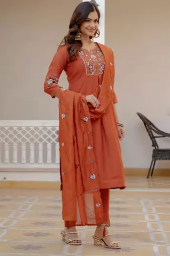 Rust silk blend embroidered kurta sets