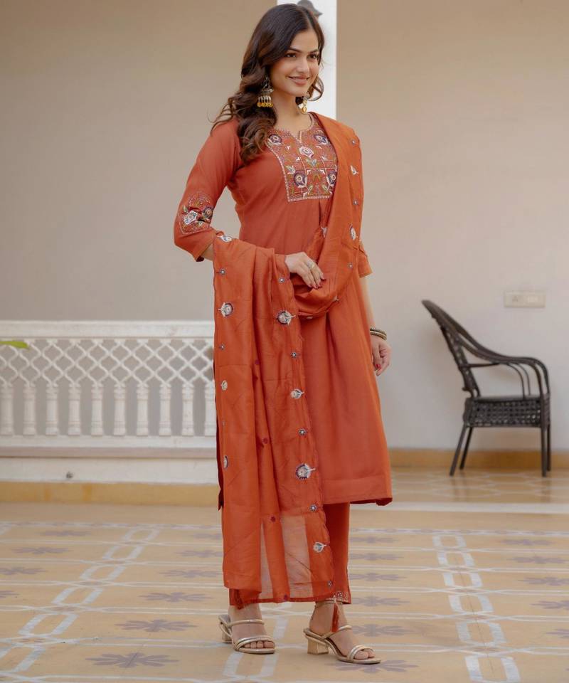 Rust silk blend embroidered kurta sets