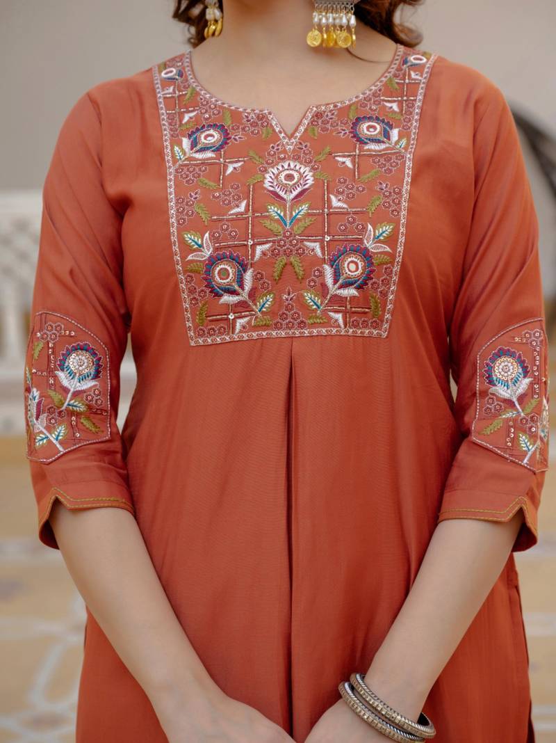 Rust silk blend embroidered kurta sets