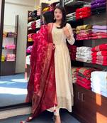 Beige silk blend embroidered kurta sets