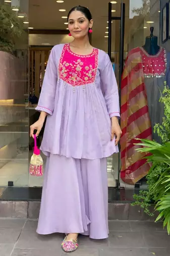 Lavender tissue embroidered kurta sets