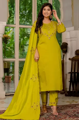 Lime green silk blend embroidered kurta sets