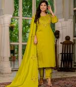 Lime green silk blend embroidered kurta sets